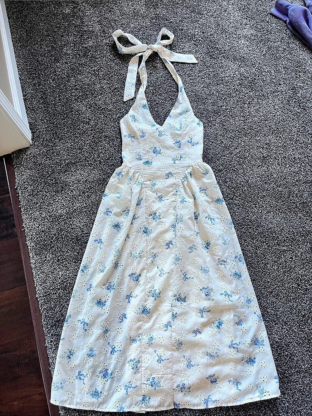 Thirty Cream Blue Floral Bow Eyelet Halter Midi Dress Size XS